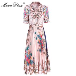 Fashion Designer dress Summer Women's Dress Short sleeve Bow collar Lace Print Vintage Pleated Dresses 210524