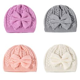 Ins 4 Colours Elegant Big Bow Knot Baby Girl Caps Winter Protect Ear Warm Beanies Candy Colour Knit Infant Hats 0-3T