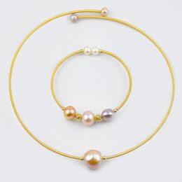 Pendant Necklaces Freshwater Pearl Choker And Bangle Set Delicate 14K Gold Color Solid Easy Wearing Jewelry For Women