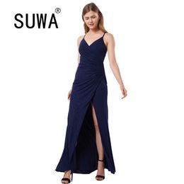 Deep Blue Spaghetti Strap Dresses Woman Party Night Club Elegant Fashion Sexy Slits Midi Dress Wholesale Clothes 210525