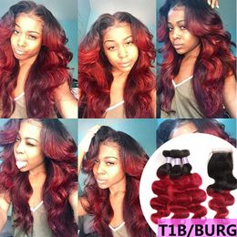 Ishow Ombre Colored Hair Weaves Weft Extensions 3 Bundles with Lace Closure Bug #30 T1B/27 T1B/99J Body Wave Human Hair Straight Brown Ginger