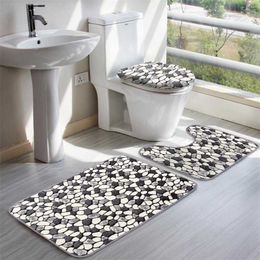 3Pcs Carpet Toilet Lid Cover Bath Mat Set Stone Pattern Washable Anti-Slip Bathroom Pedestal Rug 211130