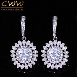 Trendy Brand High Quality Cubic Zirconia Crystal Silver Colour Long Big Flower Hoop Earrings for Women CZ047 210714