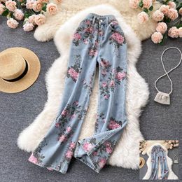 Women's Jeans Women Floral Print Wide Leg Autumn High Waist Straight Denim Pants Female Streetwear Casual Ladies Trousers