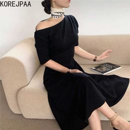Korejpaa Women Dress Korean Summer Elegant Diagonal Collar Design High Waist Slim Solid Color Short Sleeve A-shaped Dresses 210526