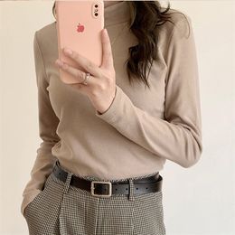 Full Sleeves Women Thick Turtleneck Basic Korean Autumn All Match Sexy Brief Tops Solid Loose Casual T-shirt 210421