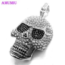 AMUMIU Men Women skull pendant necklace big heavy fashion full crystal rhinestone punk necklace Jewellery Clothing Accessory P097 X0707