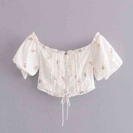 Stylish Sexy Off Shoulder Embroidery Floral Drawstring Tie Blouses Women Fashion Backless Slash Neck Shirts Female Chic Tops 210520