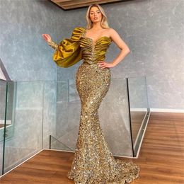 Arabic Aso Ebi Mermaid Prom Dresses One Shoulder Sparkling Sequins Evening Dress Sweep Train Olive Satin Formal Pageant Wear Robes De Soirée