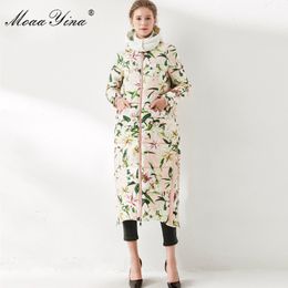Women's Winter Runway Coats Hooded Collar Floral Printed White Duck Down Warm Parkas Elegant Long Jacket Outwear 210524