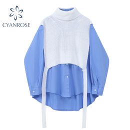 Fashion Turtleneck Knit Vest And Solid Shirt Two Piece Outfits for Women Spring Long Sleeve Loose Female Blouse Tops 210417