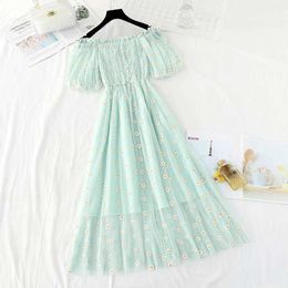 small daisies embroidery mesh dresses women 2021 sexy off the shoulder french vintage party ruffle dresses elegant vestidos Y0603