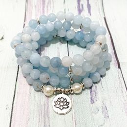 SN1205 Natural Blue Chalcedony 108 Mala Bracelet Women`s Pearl Lotus Charm Chakra Yoga Mala Bracelet Boho Girl`s Necklace