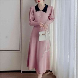 Autumn Winter Korean Casual Long Sleeve Knitted Sweater Dress Women Slim Waist Button Fashion Party Robe Femme 210514