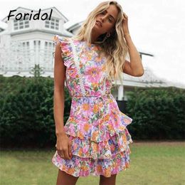 Foridol Backless Floral Boho Dress Women Ruffle Summer Casual Beach Short Hollow Out Lace Vintage 210415