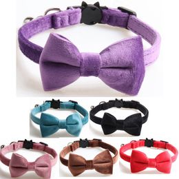 Solid Colour Fashion Luxurious Dog Cat Collar Breakaway with Bell and Bow Tie Adjustable Safety Kitty Kitten Set Small Dogs Collars size 6 Colours Black