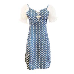 Women Mesh Sleeve V Neck Puff Short Pencil Mini Dress Pocket Summer Blue Print Button D1966 210514