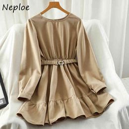 Neploe O-neck Puff Sleeve Ruffles Dress Simple Elegant Dresses Women Vintage Ins Autumn Chic Belt Slim Waist Vestidos 1H145 210423