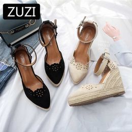 ZUZI Women's Espadrilles Wedge Sandals Skirt Hollow Single Shoes Women's Fashion Pointed High Heels Thick Bottom Straw 210715