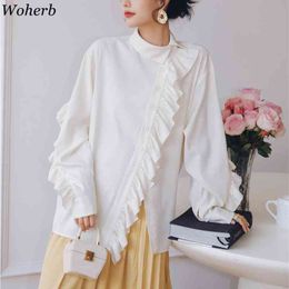 Elegant Korean Style Shirts Solid Asymmetrical Ruffle Long Sleeve Tops Pleated Design Turn Down Collar Blouse Chic 210422