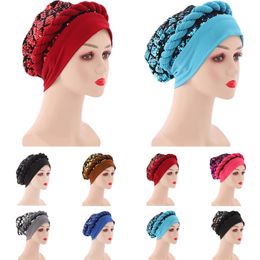 African Caps Braid Hijab Headtie Already Made Turban Head Wrap Ladies Hat Headtie Fashion Sequins Twist Elastic Hair Loss Accessories