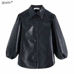 women vintage PU Leather lantern sleeve black blouses shirts chi single breasted casual blusas retro chemise tops LS4177 210420