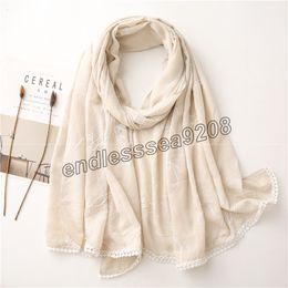 Women Plain Solid Colour Cotton Shawls Scarf Embroidered Flower Tassel Floral Fringe Long Headband Scarves for ladies Bandana