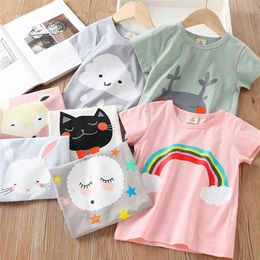 Summer 2-10 Years Children Cotton Cartoon Eye Star Bird Cat Deer Rabbit Animal Print Short-Sleeve T-Shirt For Baby Girls 210701