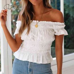 Summer Women Embroidery Shirt Short Sleeve White Lace Sexy Off Shoulder Blouse Tops 210415