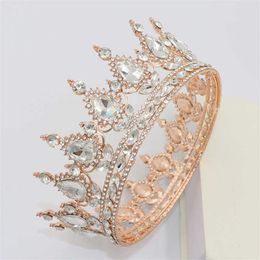Queen King Tiaras and Crowns Bridal Women Rose Gold Colour Crystal Headpiece Diadem Bride Wedding Hair Jewellery Accessories H0827