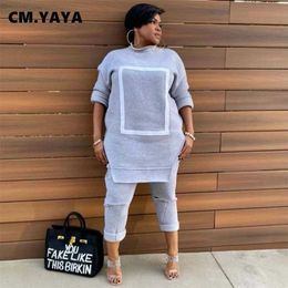 CM.YAYA Activewear Fleece Patchwork Women's Set Crewneck Sweatshirt + Hole Pants Suit Tracksuit Two Piece Fitness Outfit 211105