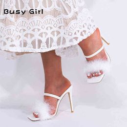 White hairy women's wedding shoes sexy square toe with stiletto party high heels Y220225