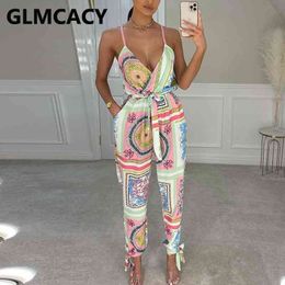 Women Spaghetti Strap Belt Plunge V-neck Printed Jumpsuits 210702