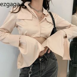 Ezgaga Sexy Shirts Women Autumn Fashion Single Breasted Stand Collar Long Flare Sleeve Blouses Slim Solid Office Lady Elegant 210430