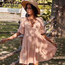 V Neck Casual Loose Summer Dress Women Tassel Boho Button Short Dress Cotton Beach Pink Dress 210415