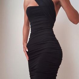 Bodycon Dress Women Ladies Fashion One Shoulder Sleeveless Solid Colour Party Sexy Slim Fit Plus Size Female Tight Dress 210719