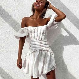 BOHO INSPIRED white ruffle women Tie up back ladies party puff sleeve mini summer Pleated chic dress female 210331