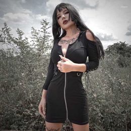 Gothic Black Women Sexy Off Shoulder Hollow Out Long Sleeve Star Zipper Hooded Dress Goth Female Eyelet Lace Up Bodycon Dress1