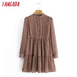 Tangada Fashion Women Geometry Print Chiffon Shirt Dress Vintage Long Sleeve Office Ladies Mini Dress 3A48 210401