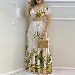 Summer Women Elegant Off Shoulder Party Long Dresses Vacation Holiday Tripical Print Cropped Maxi Dress Womens Formal Dresses 210716