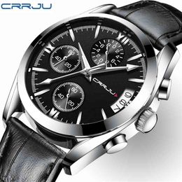 CRRJU Herrenuhren Top-Marke Luxus Leder Wasserdicht Sport Quarz Chronograph Militär Armbanduhr Männer Uhr Relogio Masculino 210517