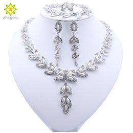 Earrings & Necklace Dubai Luxury Pearl Jewelry Set For Women Brides Crystal Bracelet Ring Sets Silver Plated Jewellery