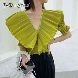 Elegant Solid Shirt For Women V Neck Short Sleeve Ruched Casual Slim Blouses Female Summer Fashion Stylish 210524