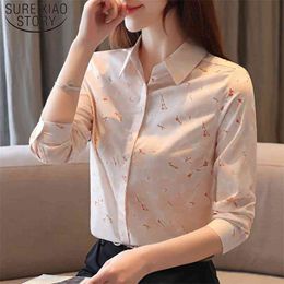 Fashion Silk Blouse Button Up Shirts Turn-collar Long Sleeve Print Shirt Women Slim Office Lady Elegant Tops Blusas 8352 50 210506