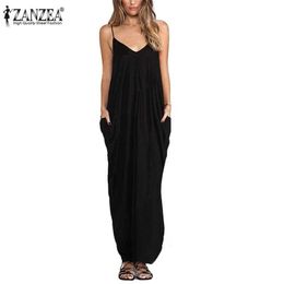 Zanzea 2021 Summer Women Sexy V Neck Sleeveless Beach Dresses Ladies Casual Loose Long Maxi Solid White Dress Vestidos Y1006