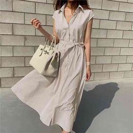 Women Summer Shirt Dress Korean Fashion Casual Sleeveless Striped Oversize Lace Up Midi Long Robe Femme Vestidos 210514