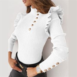 Fashion Turtleneck Long Sleeve Black White T Shirt Women Autumn Winter Buttons Ruffles Top T-shirt Woman Tshirt 211110