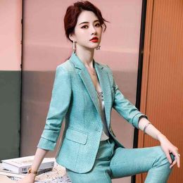 autumn and winter plus size women's suit high quality Professional office uniform plaid ladies jacket Slim trousers 210527