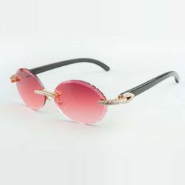 fashion T3524016-7 cutting lenses diamonds sunglasses, natural black buffalo horn legs retro oval glasses, size: 58-18-140mm