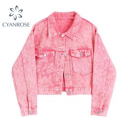 Tie Dye Crop Jacket and Coats for Women Spring Oversize Street Harajuku Long Sleeve Vintage Chic Female Short Denim Jacket 210417